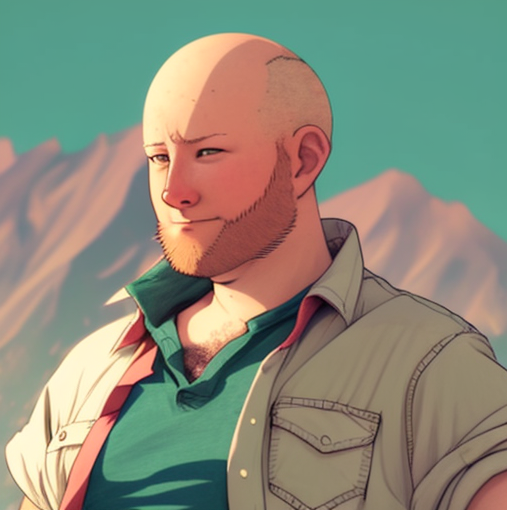 Anime depiction of the author in 80s style with mountains in the background